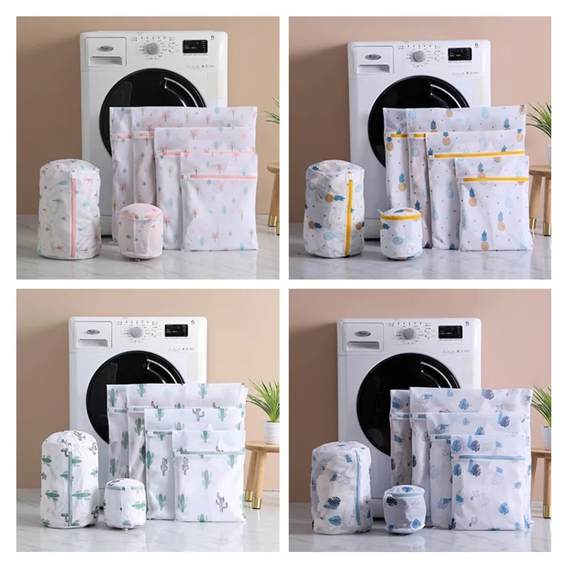 

6 pcs/set Polyester Mesh Laundry Bags Blue leaves Pineapple Cactus Printing Washing Bag for Dirty Clothes