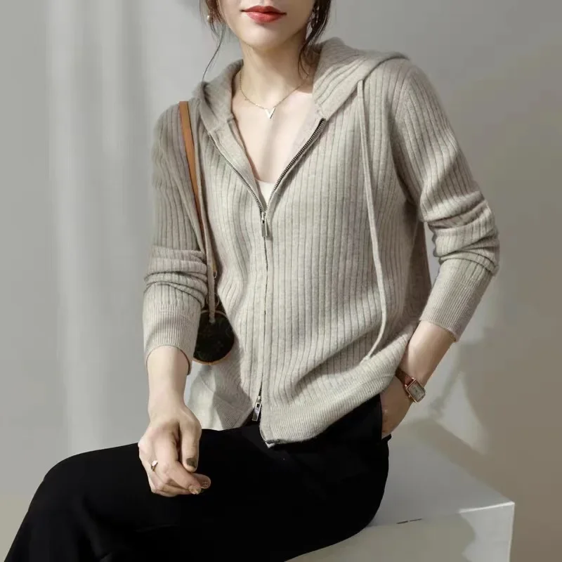 Новинка 2024 женская толстовка с капюшоном кардиган свободная вязаная верхняя