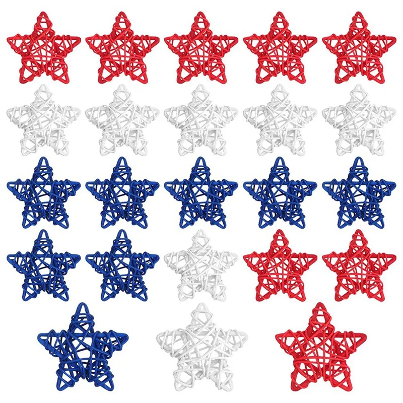 

24 шт., 4 июля, звёзды из натурального ротанга, патриотические красные, белые и синие плетеные звёзды из ротанга, украшение подвесной ротангов...