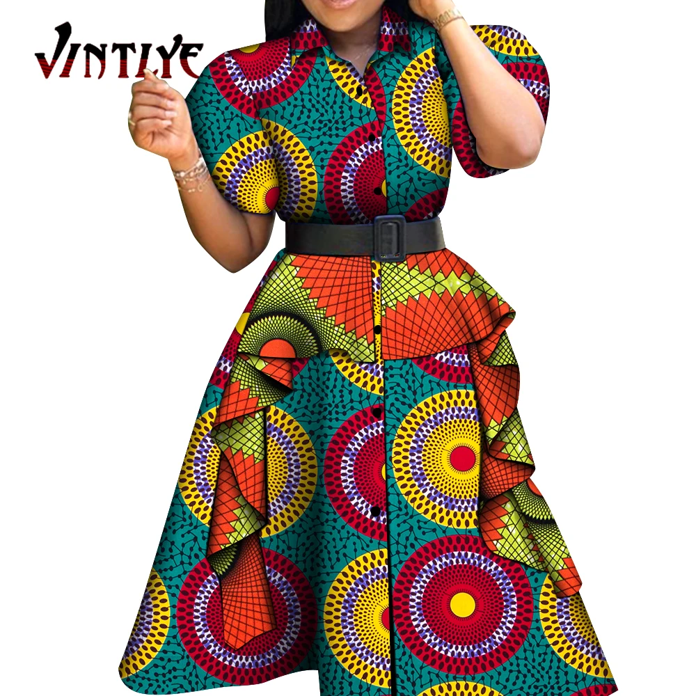 African Style Women Dresses Floral Print Shirt Dress Puff Sleeve Knee Length Dashiki Dresses Patchwork Ruffle Without Belt WY651