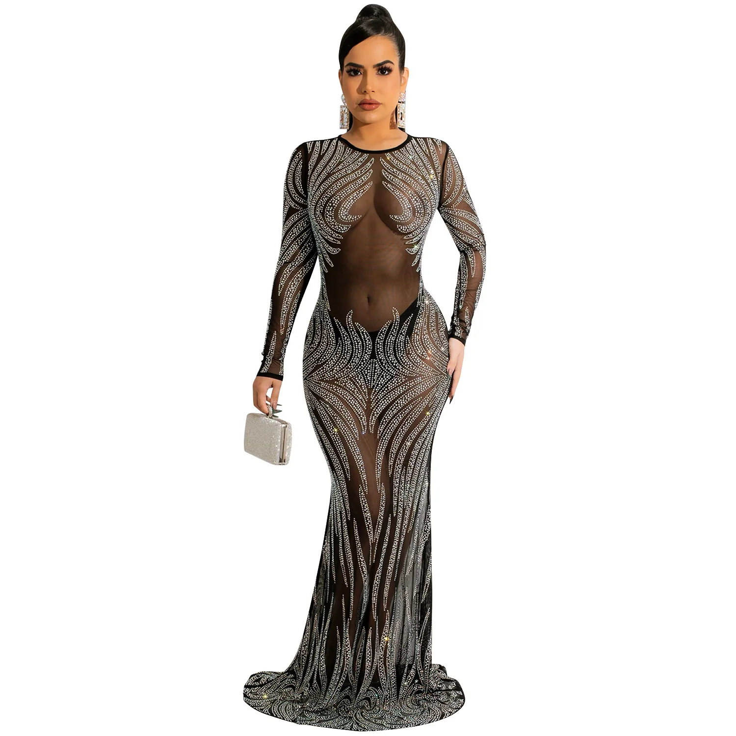 

Zoctuo Dress Womens Solid Diamonds Birthday Dresses Elegant Long Sleeve O-neck Chic Y2k Party Wear Female Lady Popular Vestidos