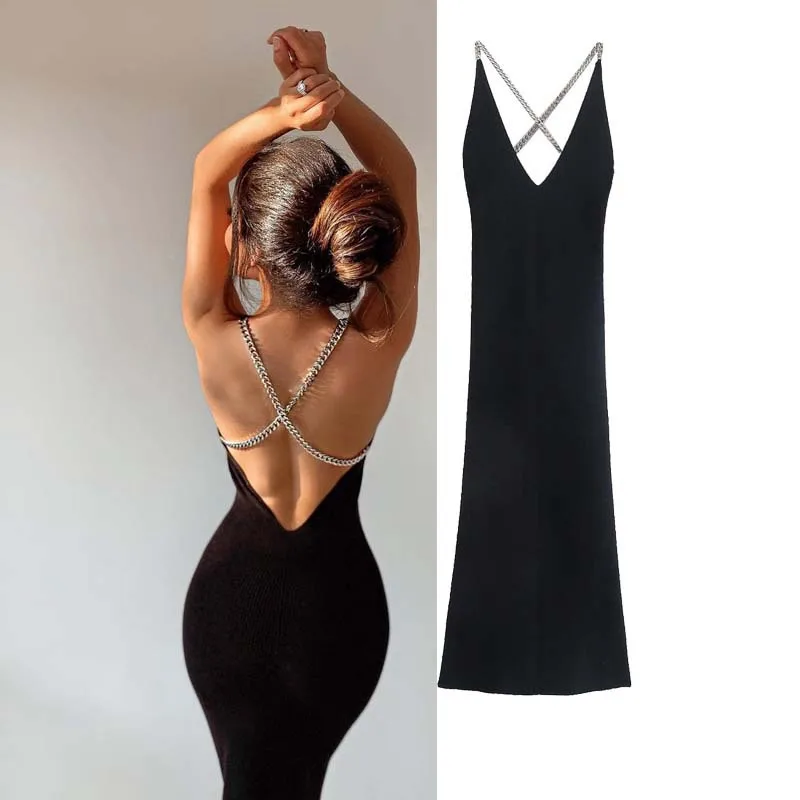

Chic Summer Sling Long Body Dress Women's Back Chain Cross Sleeveless V Neck Mini Sun Dress Party Club Wear