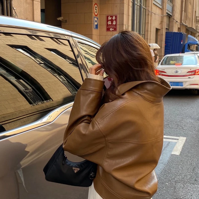 Autumn Short Fashion 2021 Brown Black Thick Oversized Faux Leather Jackets for Women Long Sleeve Buttons Runway Loose Korean