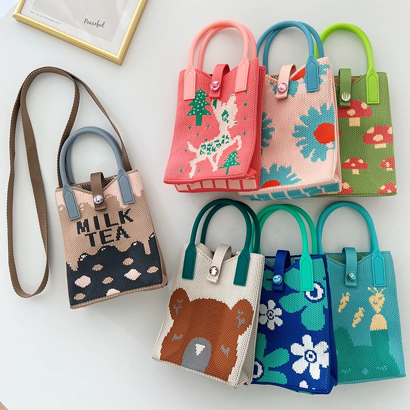 

Summer Fresh Mini Bag Cartoon Mobile Bag Cute Student Crossbody Bag Knitted Woven women's bag Shoulder Handbag