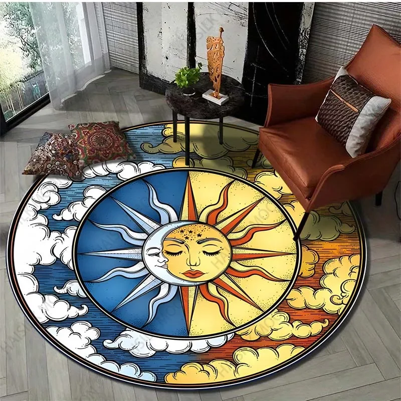Круглый ковер с художественным принтом Солнца и Луны для гостиной фланелевой