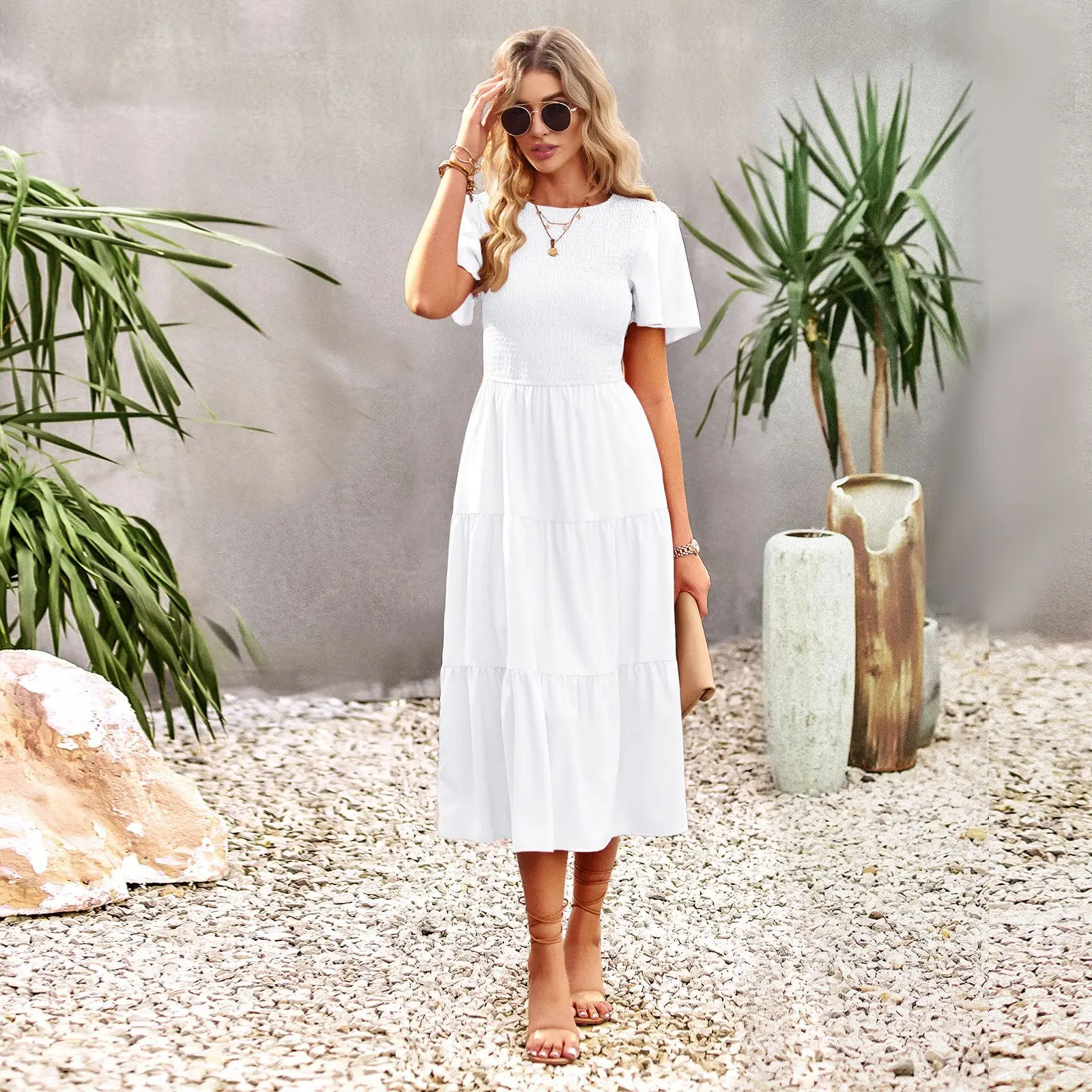 

Women Dresses Summer Fashion O-neck Pure Color Elastic Waist Patchwork Fold Elegant Temperament Casual Robe Dresss