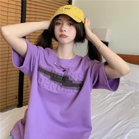summer new purple letter embossed print short sleeved t shirt womens ins style y2k tops streetwear loose fashion tees