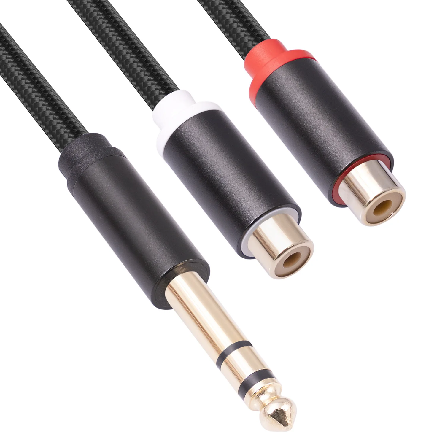 

New gold-plated head metal shell three-core 6.35mm revolution double RCA Lotus female 0.3m audio adapter cable