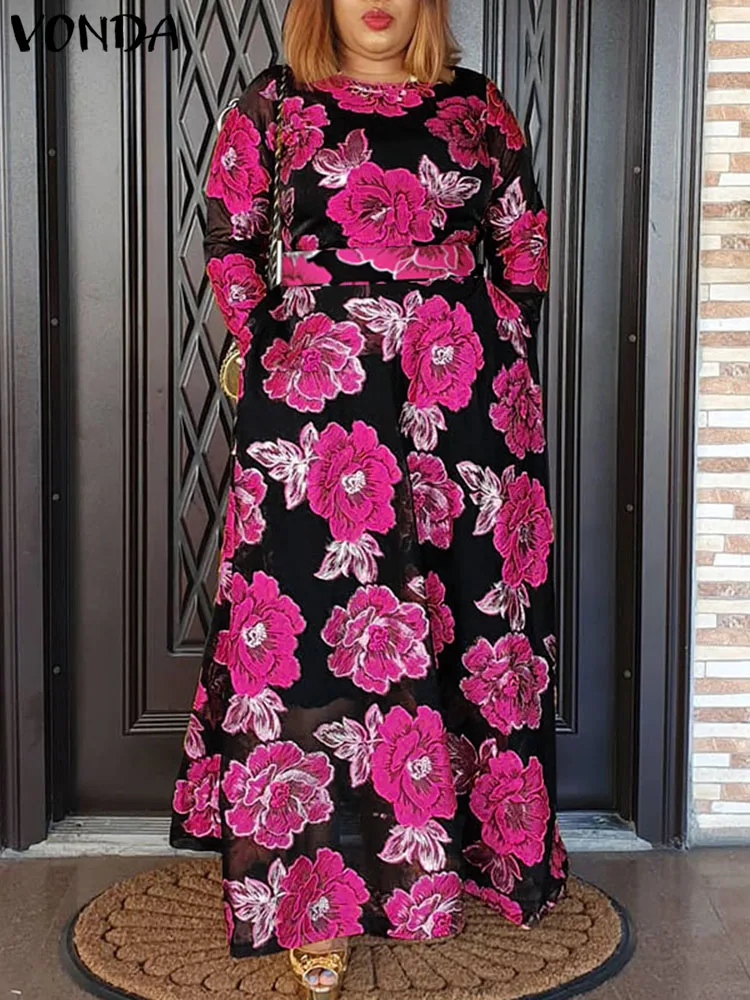 

VONDA Bohemian Party Dress Women Long Sleeve Belted Floral Printed Maxi Sundress 2023 Spring Pletaed Casual Loose Holiday Robe
