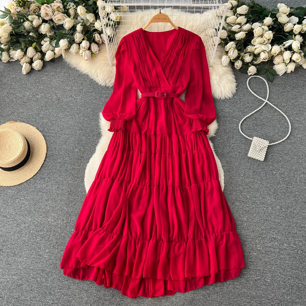 

Женское плиссированное платье с пышными длинными рукавами, Элегантное повседневное приталенное платье-трапеция с V-образным вырезом, весна...