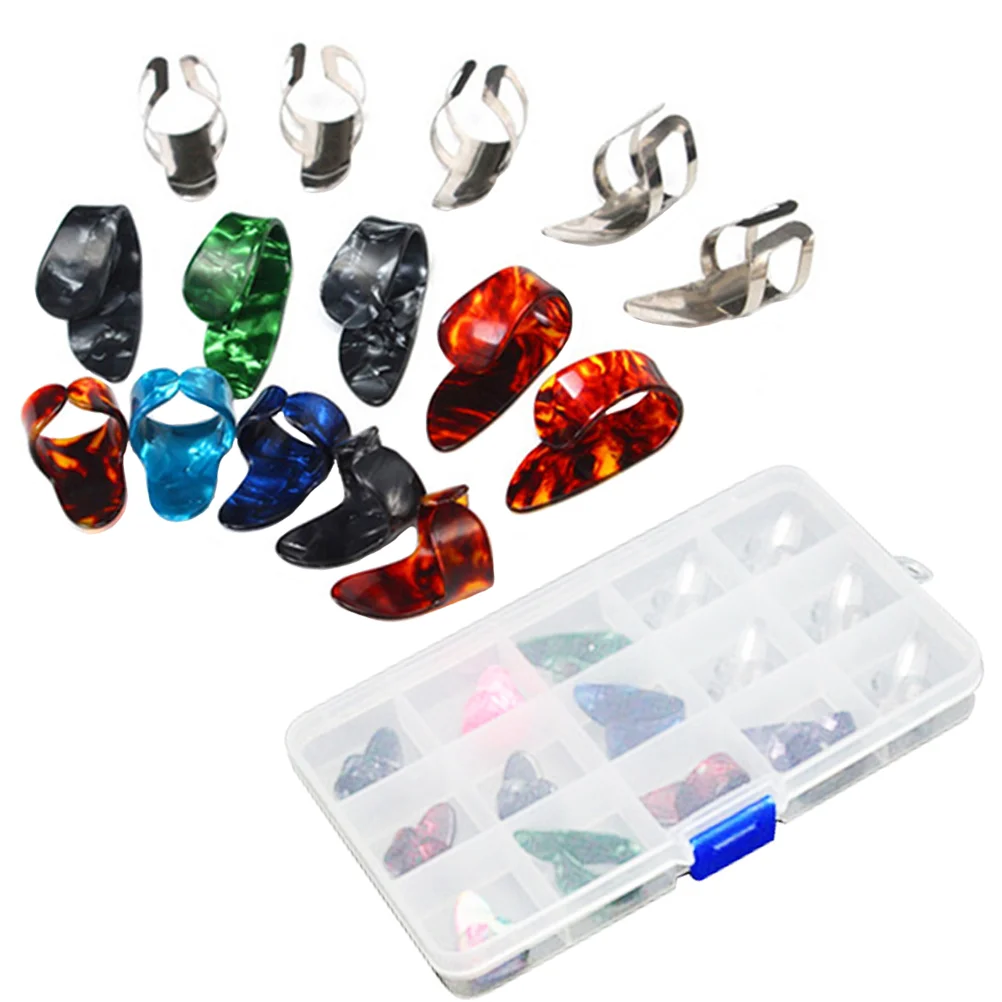 

15pcs Stainless Steel Celluloid Thumb Finger Guitar Picks with 15 Grid Case Storage Box Electric