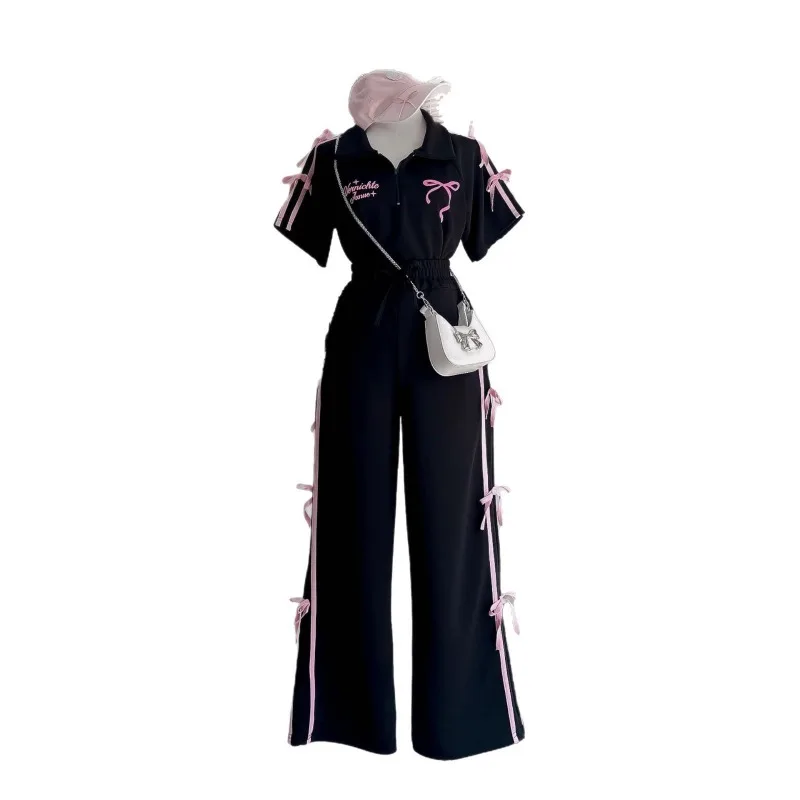 Женский летний костюм Sweet Suit: новая рубашка-поло с бантом и принтом, брюки с широкими штанинами, комплект из двух предметов (art.: 3920d8aa48afc) - 3920d8aa48afc