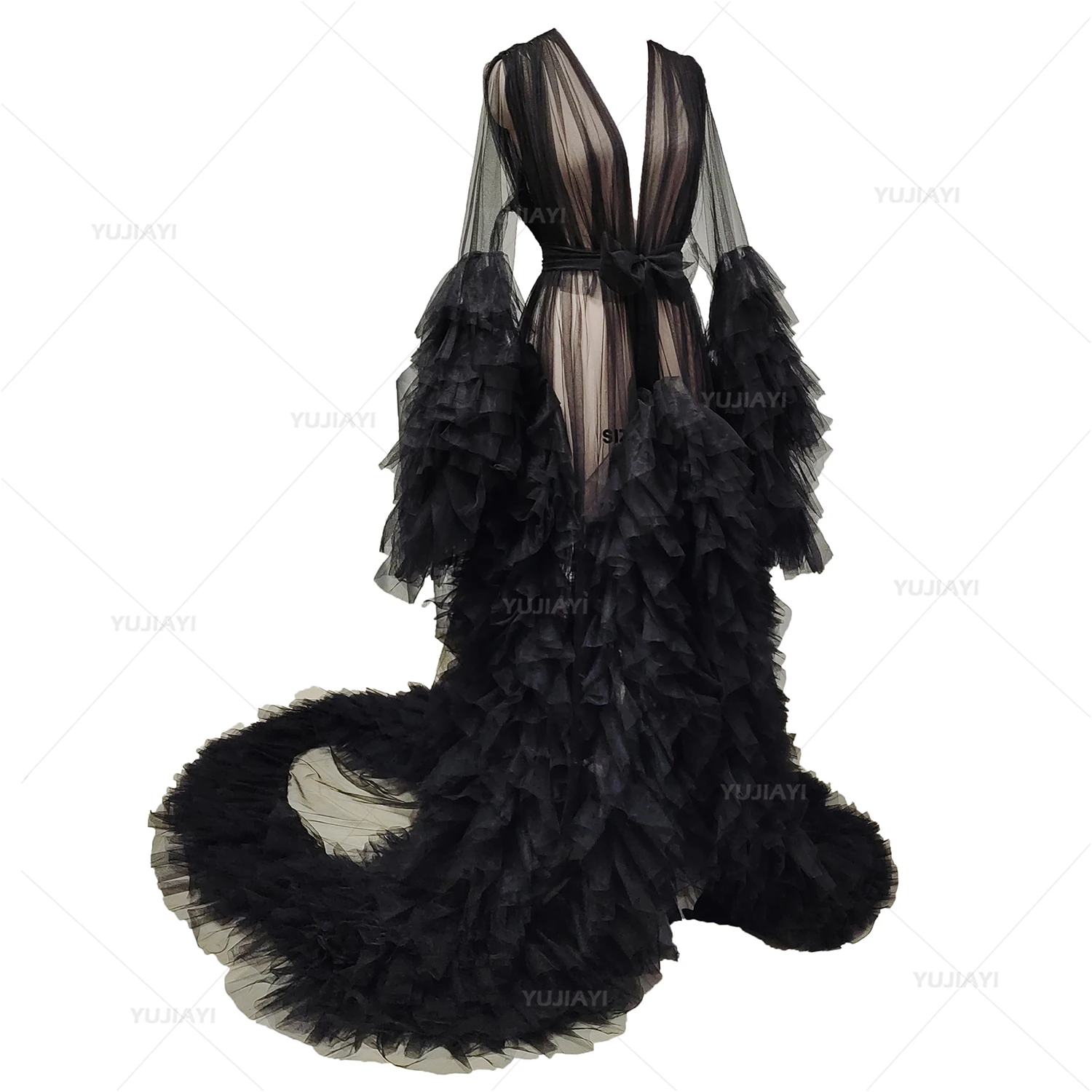 

Black Maternity Robes Women Long Tulle Bathrobe Dress Photo Shoot Birthday Sexy Bridal Fluffy Party Ruffle Sleepwear Custom Gown