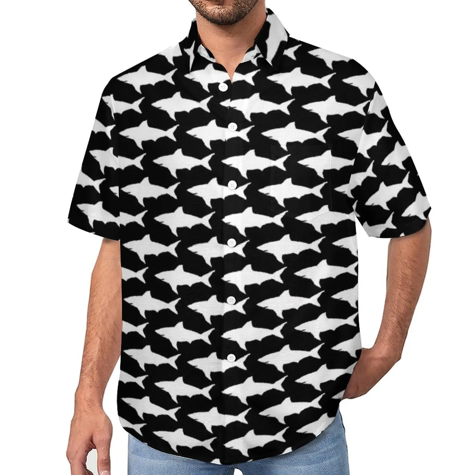 

Black And White Shark Vacation Shirt Cute Sharks Summer Casual Shirts Male Retro Blouses Short-Sleeve Graphic Clothing Big Size