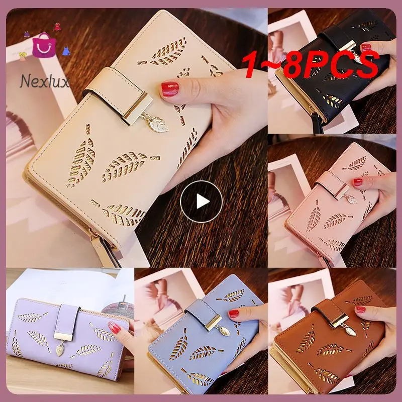 

1~8PCS Women Wallet PU Leather Purse Female Long Wallet Gold Hollow Leaves Pouch Handbag For Women Coin Purse Card Holders