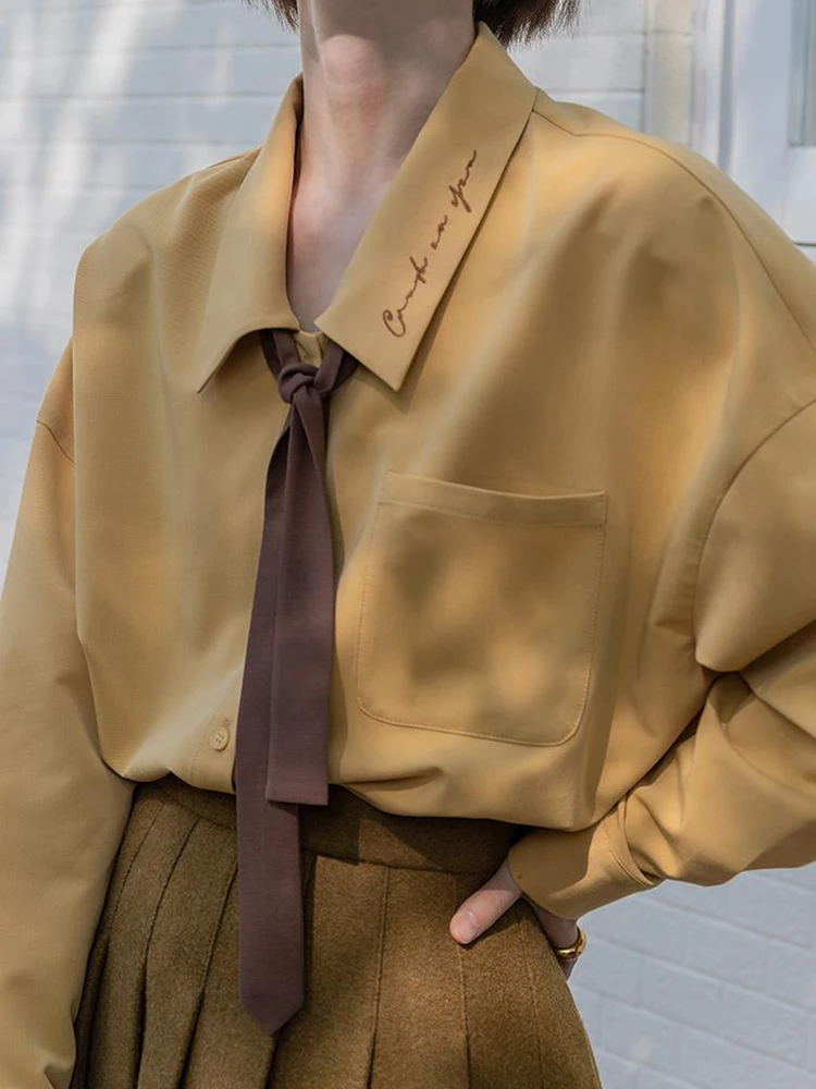 

Zoki Korean Casual Letter Embroidery Tie Shirt Women Fashion Sweet Preppy Style Blouse New Turn Down Collar Pocket Female Tops