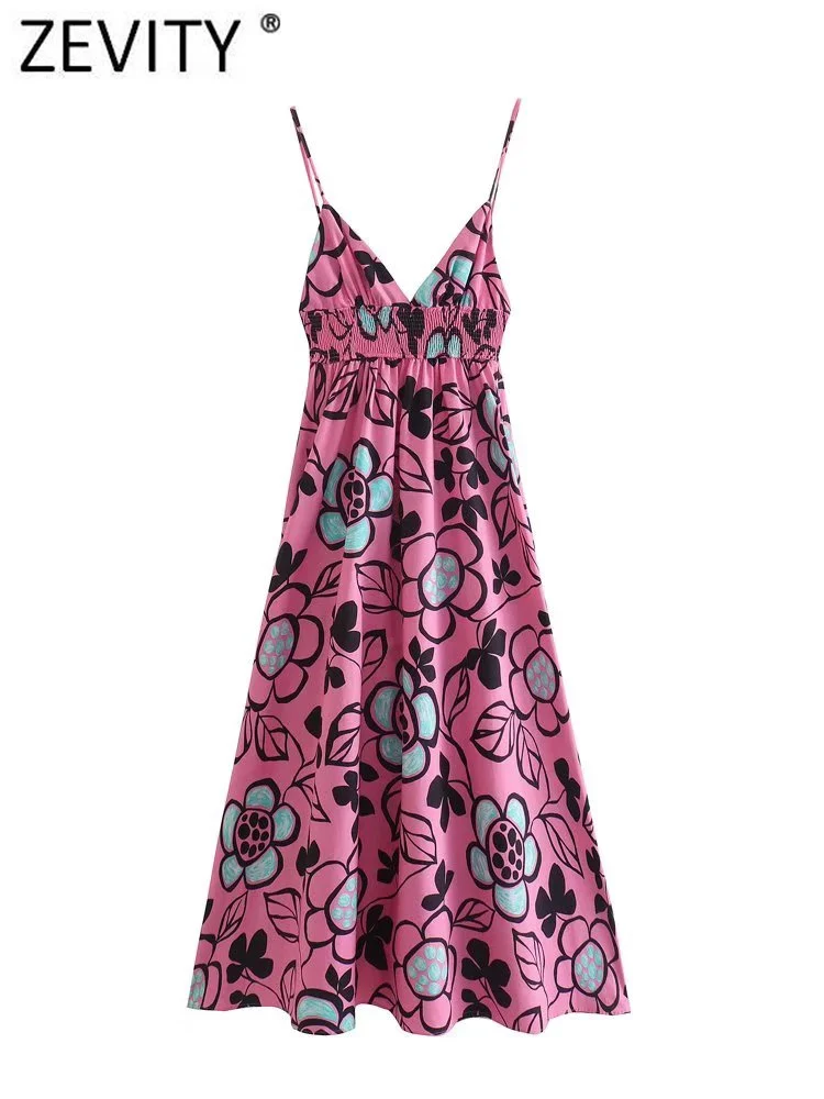 

Zevity Women Sexy Deep V Neck Floral Leaves Print Sling Midi Dress Ladies Chic Elastic Waist Summer Slim Vestidos Mujer DS580