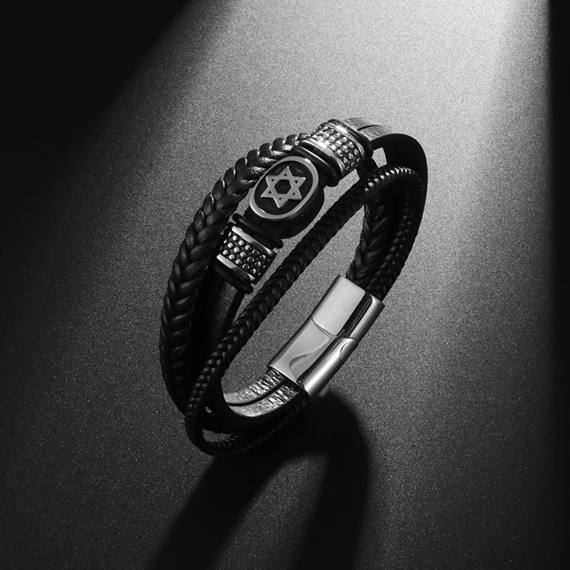 

Classic Multilayer Leather Wrap Bracelet for Men David Star Bracelet Bangle with Magnetic Clasp