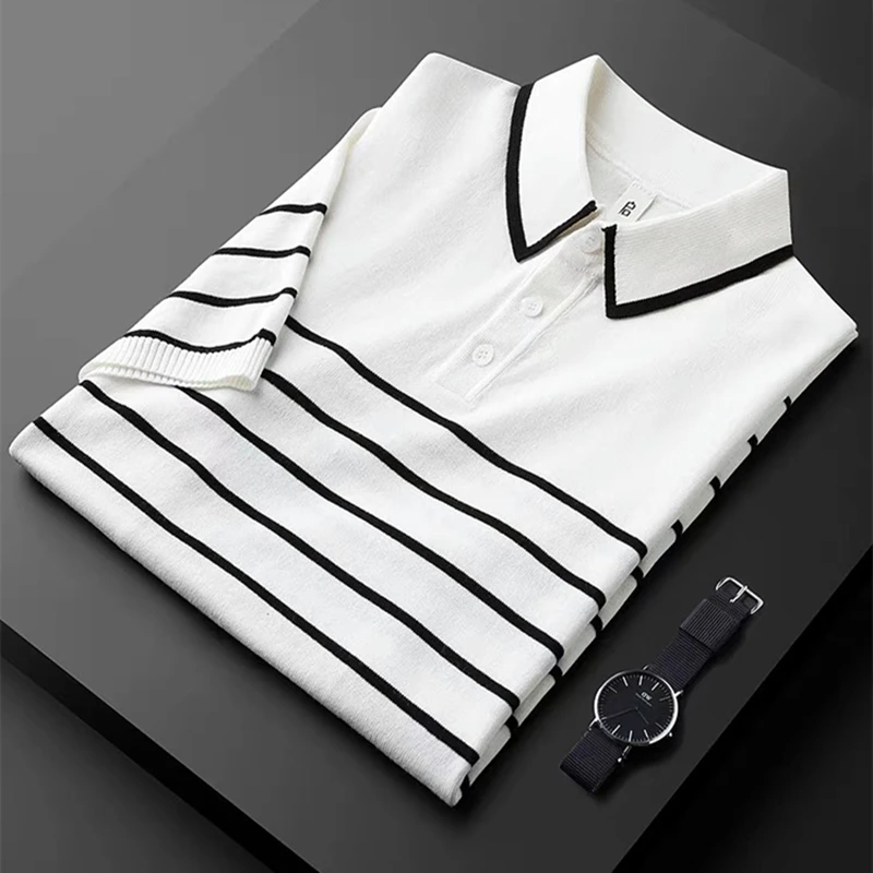 

High Grade Striped Knitted Polo Shirt Men's Short Sleeve Top Summer Casual Temperament Trend T-shirt Men's Quality Breathable