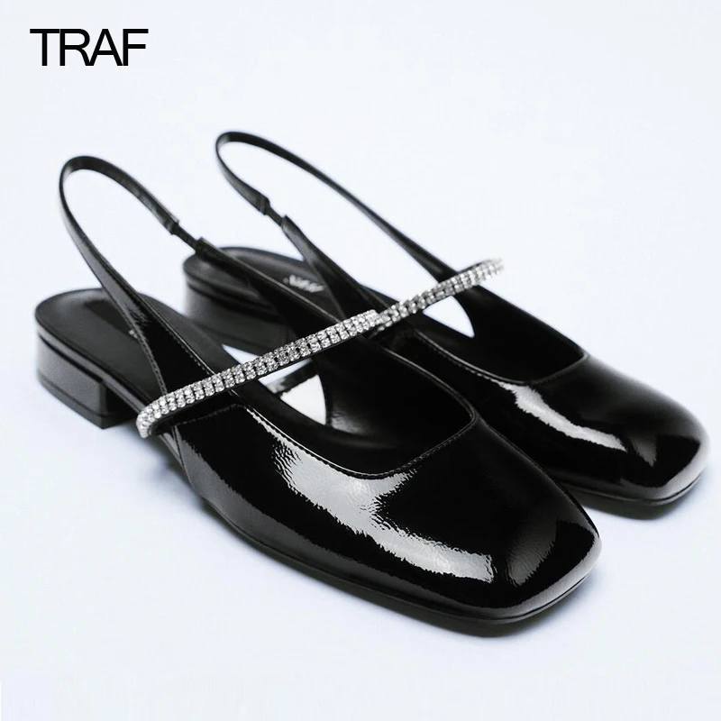 

TRAF 2023 Mary janes Shoes Women Pumps Rhinestone Heels Black Square toe Women High heels Lolita Slingback Heels Mary jane Heels