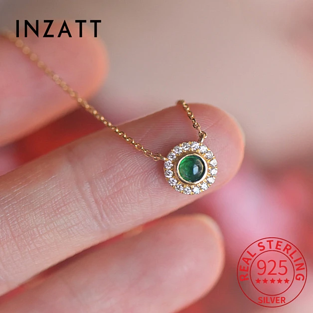 

INZATT Light Luxury S925 Sterling Silver Necklace Female Summer Daisy Design Emerald Green Zircon Pendant Clavicle Chain Gift