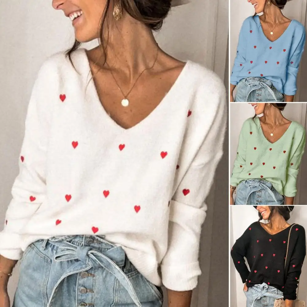 

V-Neck Warm Knitted Sweater Long Sleeve Ribbed Trim Thickened Autumn Winter Embroidery Heart Sweater Jumper Female Clothing