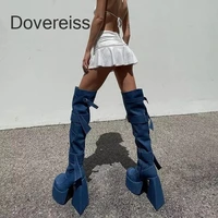 dovereiss 2022 fashion block heels womens shoes cowboy boots platform winter sexy zipper new square toe knee high boots42 43 44