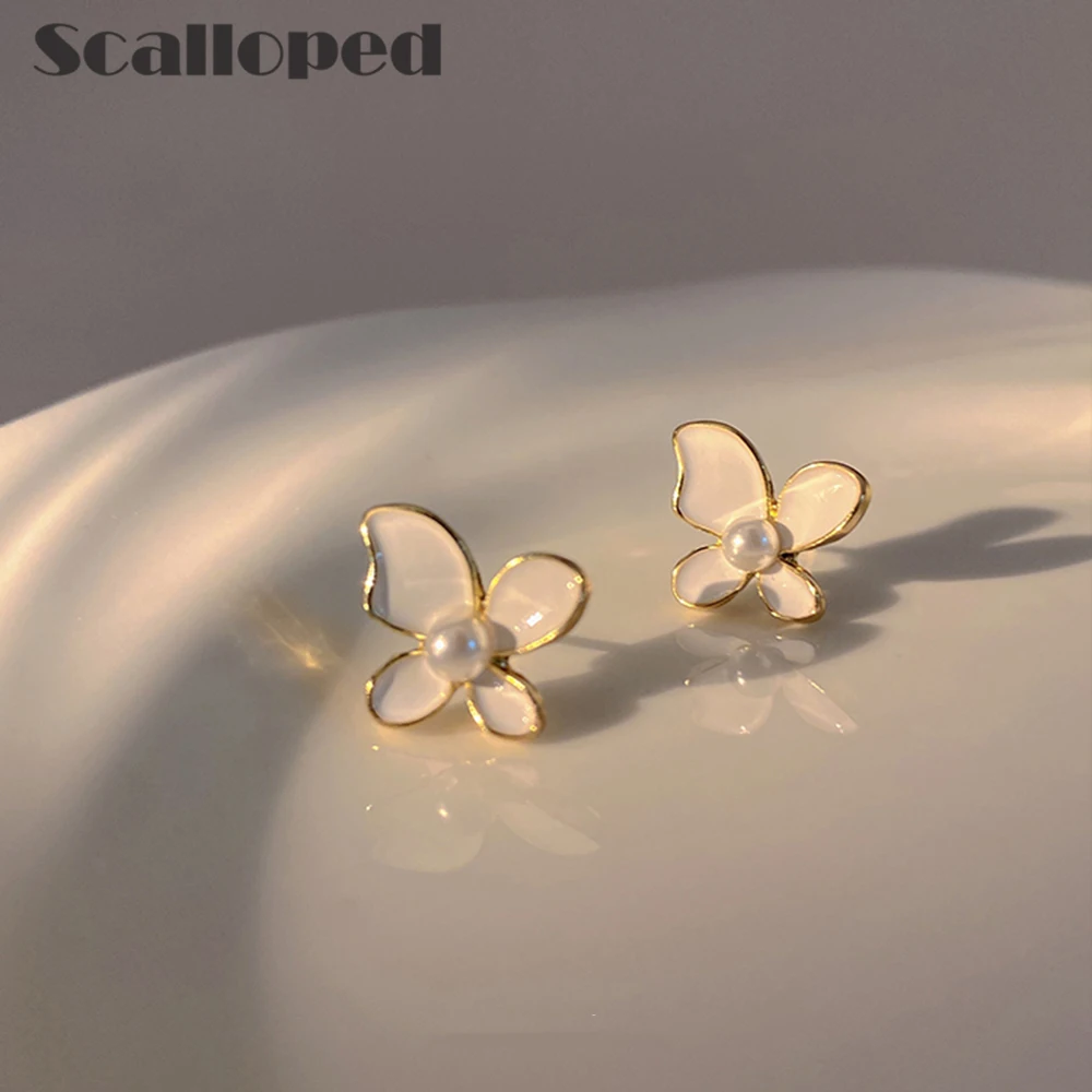 

SCALLOPED Korean Enamel Drop Glaze Flowers Stud Earrings For Women 2022 New Trendy Jewelry Sweet Girl Unique Ear Accessories