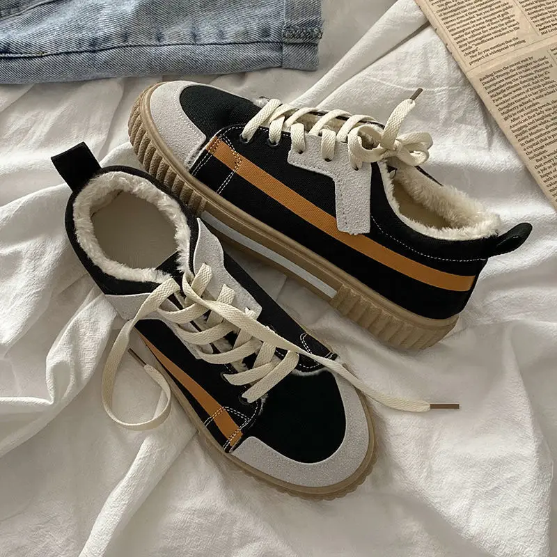 

Fashion Winter Plush Women Canvas Sneakers 2022 Casual Patchwork Women Espadrilles Streetwear Black Warm Ladies Footwear