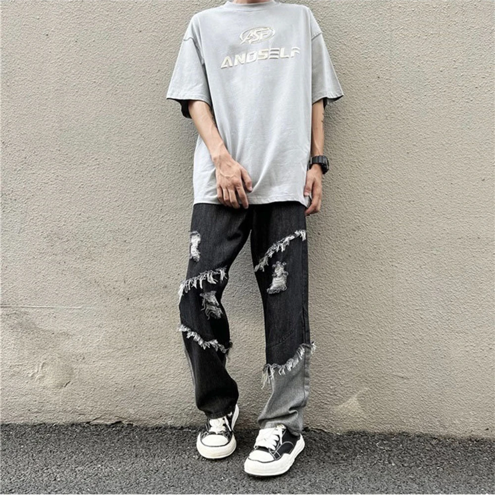 Men Hip Hop Streetwear Unisex Jeans Male Korean Style Street Loose Patchwork Harajuku Denim Color Contrast Street Sketeboard