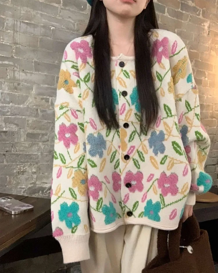 Ezgaga вязаный кардиган женский сладкие цветы однобортный с круглым вырезом