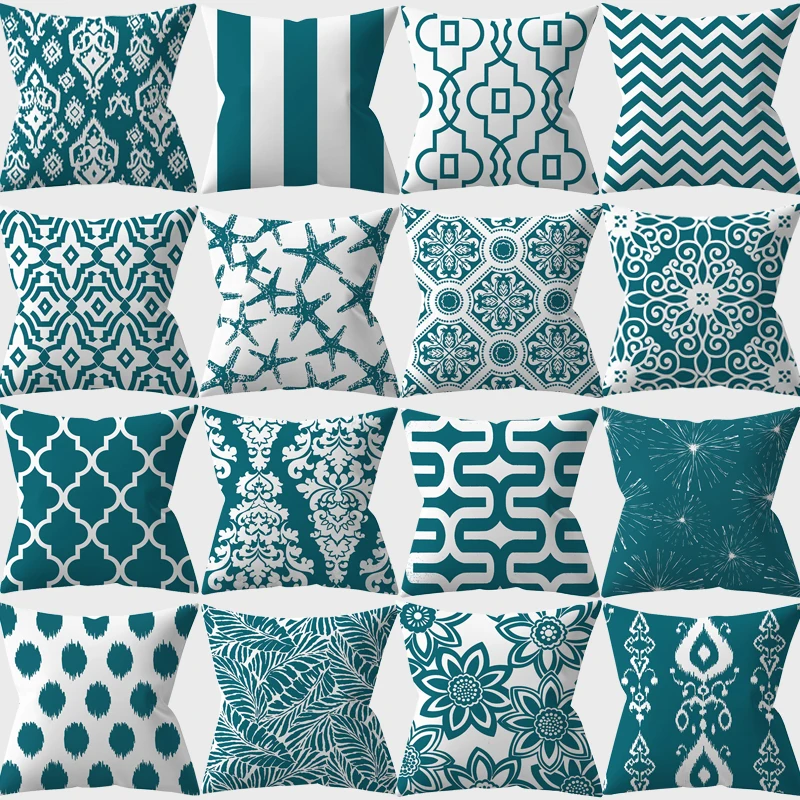 

45x45cm Teal Blue Green Flower Leaves Print Pillowcase Stripe Geometric Sofa Cushion Cover Home Decorative Throw Pillowslip