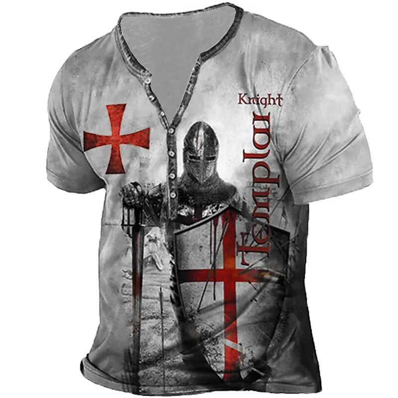 

Knights of the Templar Crusaders Printing Men's T-Shirts Europe and America Retro Style Button T-shirt Cotton Short Sleeve Tops