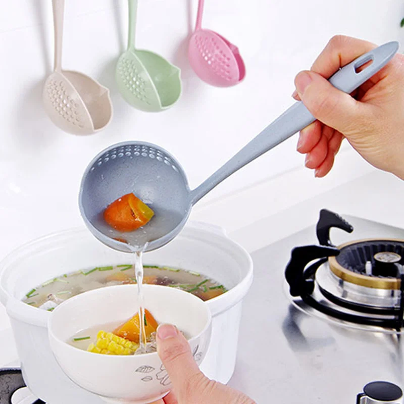 

New 2 In 1 Wheat Straw Long Handle Soup Spoon Household Strainer Cooking Colander Kitchen Spoon Plastic Spoon Cutlery