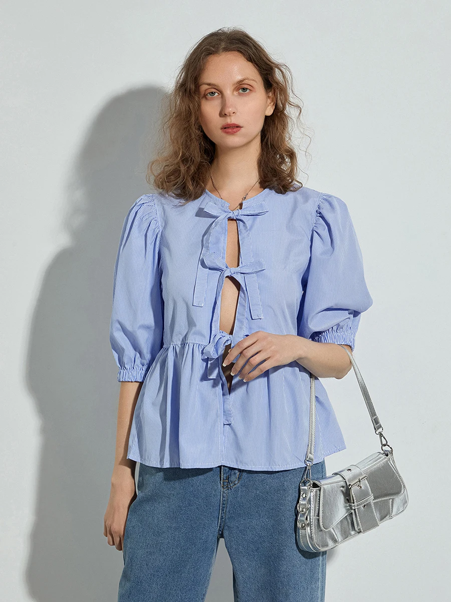 Women’s Bow Tie Front Tops Puff Sleeve Round Neck Striped Print Babydoll Shirts Spring Fall Blouses