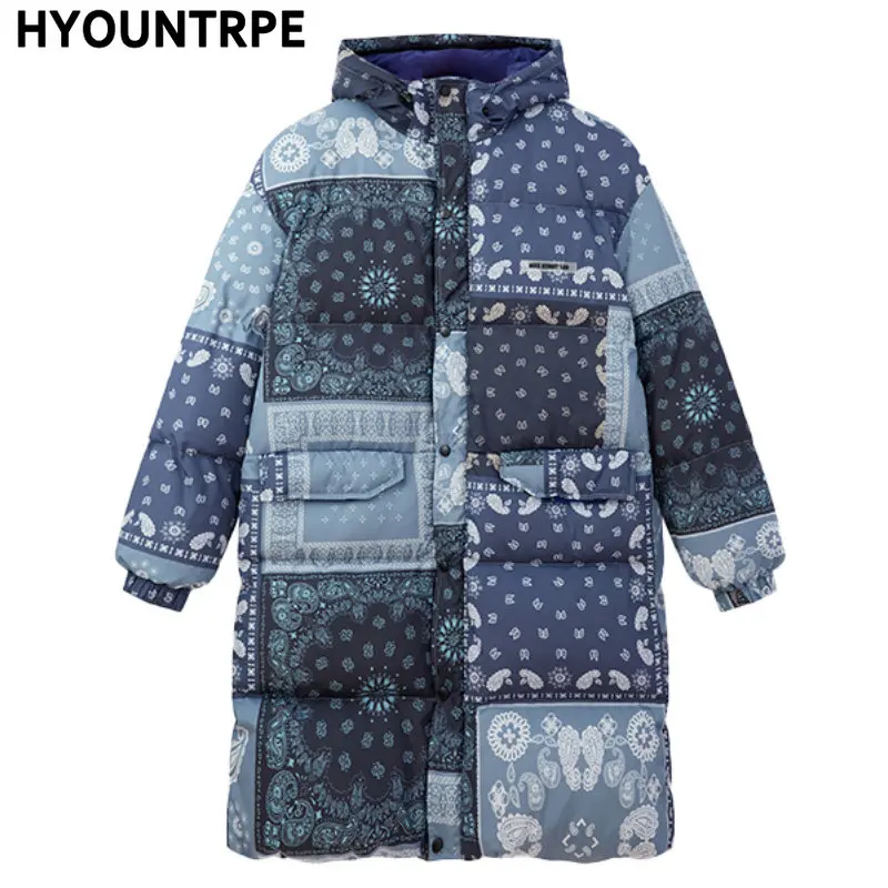 Mens Paisley Printed Hooded Jacket Parka Streetwear Hip Hop Graphic Harajuku Down Jacket Coats Winter Windbreaker Warm Outerwear