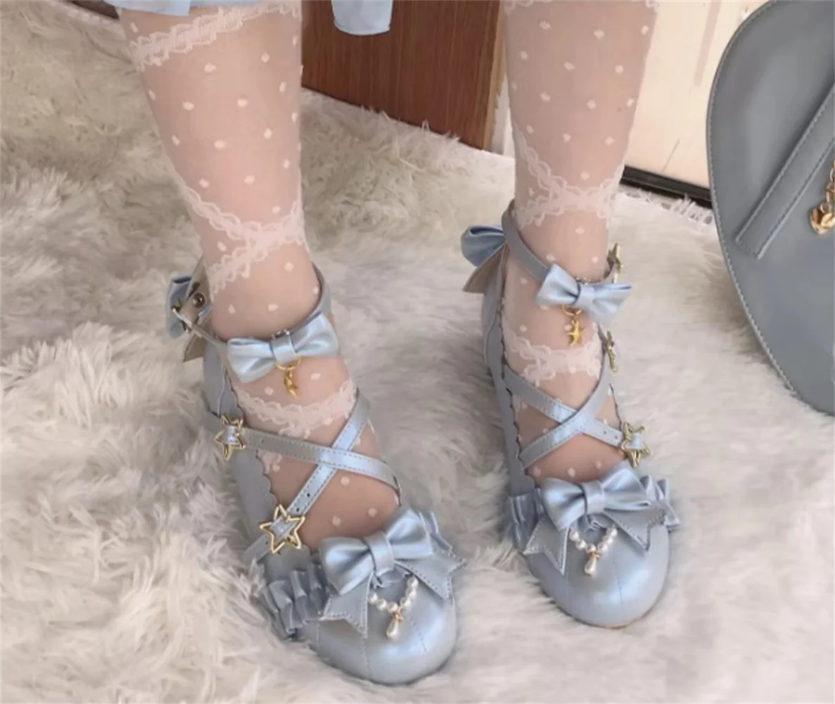

Sweet Lolita Shoes Vintage Round Head Middle Heel 3-5cm Women Shoes Cute Bowknot Cross Bandage Kawaii Shoes Loli Kawaii Girl