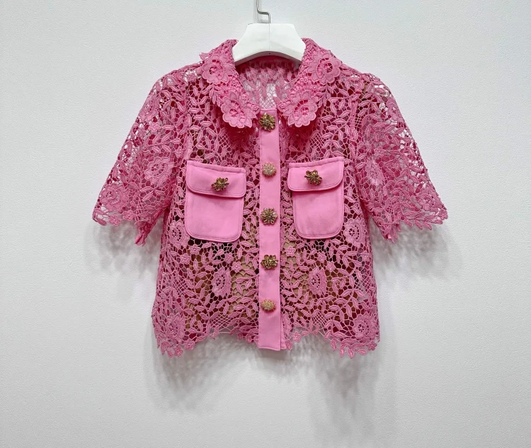 2023 Spring Summer Chic Women's High Quality Hollow-out Pink Shirt C655