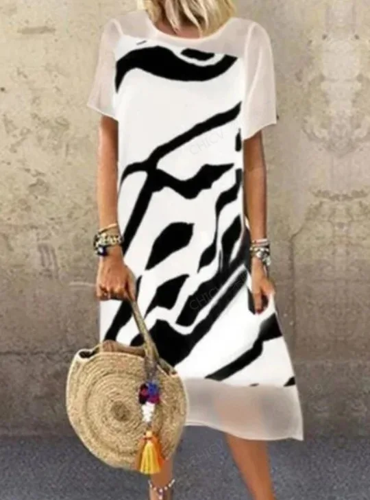 

Zebra Print Women Summer Loose Dress Long Clothes Short Sleeve Beach Wear Animal O Neck Vintage Lady Beach Cover Up