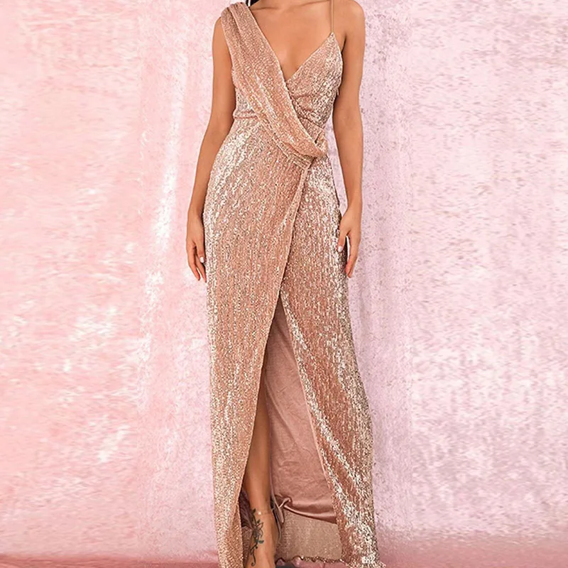 

Женское длинное платье с блестками, элегантное однотонное платье с V-образным вырезом и открытым плечом