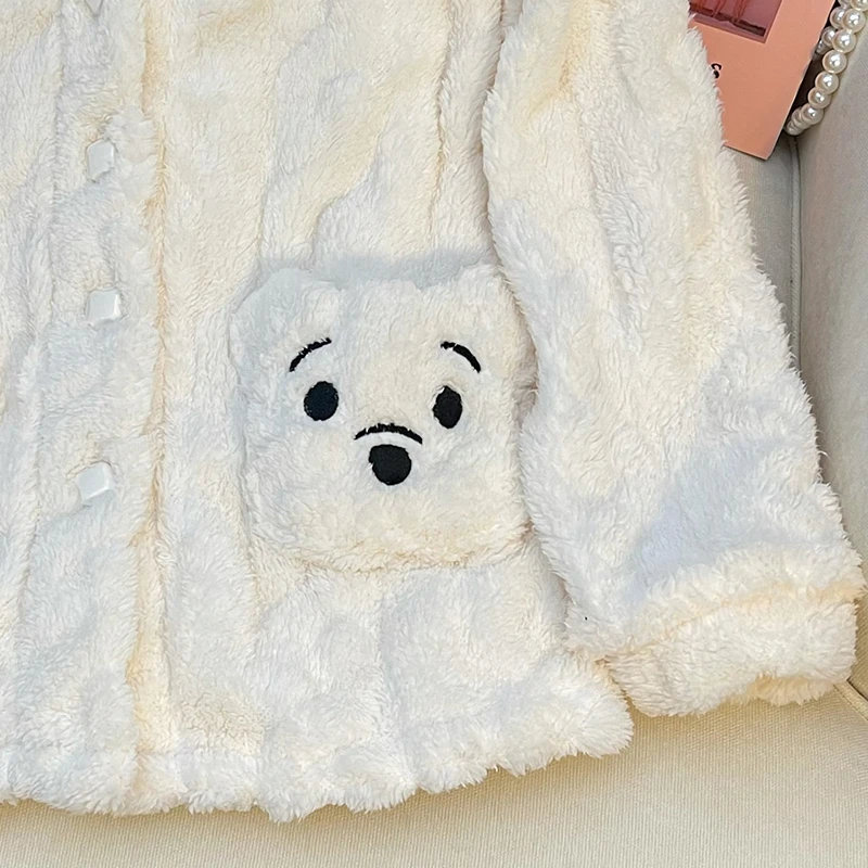 Coralline Winter Pajamas for Women Cartoon Plush Hooded Flannel Home Dress for Women Casual Loose Thermal Pajamas Set