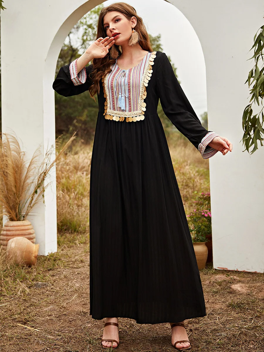 Ethnic Vintage Print Sequins Tassel Women Long Dress Long Sleeve Spring Islamic Aabaya Muslim Dress Middle East Turkey Ramadan