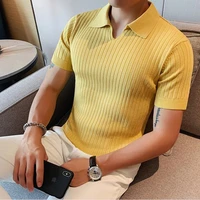 2022 spring summer knit polo shirt men casual turn down collar button up fashion striped solid color tops men fashion slim polo
