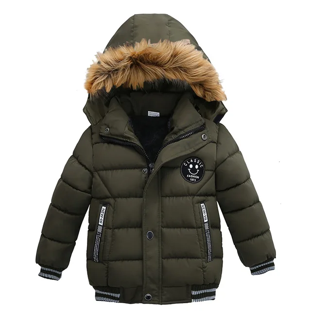 Autumn Winter Keep Warm Hooded Boys Jacket Fashion Fur Collar Heavy Cotton Outerwear For Kids 2-6Years Children Windbreaker Coat 2
