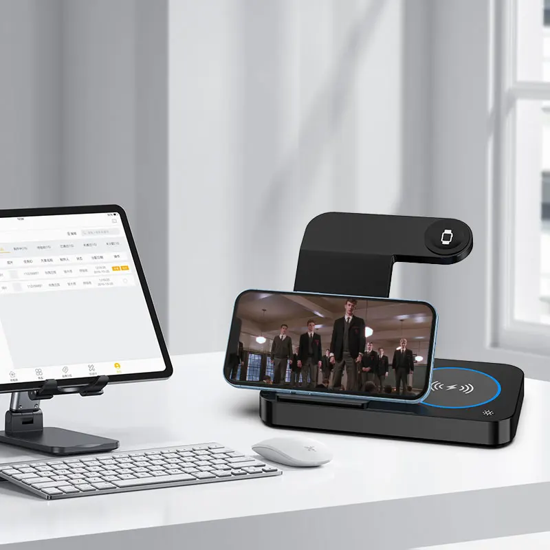 Складная Беспроводная зарядка 4-в-1 подходит для использования на рабочем столе