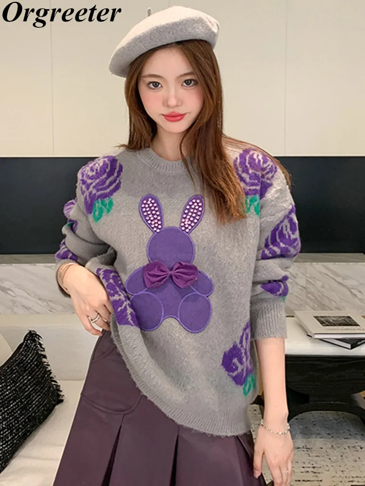 

Autumn New Fashion Beading Dimensional Decoration knitted Pullovers Jumpers Casual Flower Jacqurd Sweaters Womens