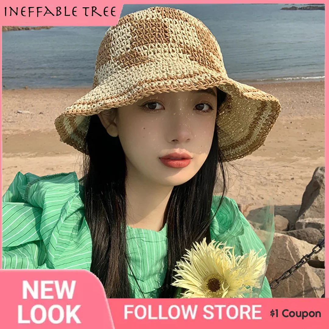 

INS Women's Hat Plaid Hollow Straw Hat Bucket Hat Patchwork Sun Visor Crochet Ladies Straw Hats Cap for Women Casquettes