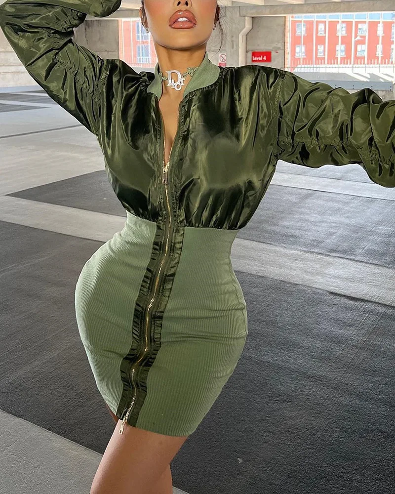 

Women Dress Sheath Slim Fashion Casual Zipper Front Ruched Long Sleeve High Waist Mini Dress