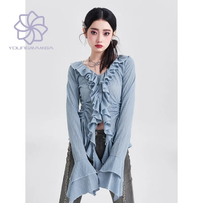 

New Solid Drawstring Slim Fit Blouses Women 2023 Long Sleeve Shirts Ins Female Korean Fashion High Street Tops