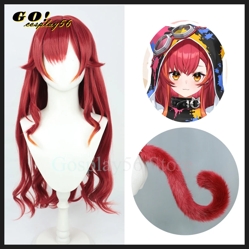 VTuber Nekota Tsuna Cosplay Wig Tail NIJISANJI Red Long Curly Synthetic Hair Youtuber Virtual Idol Headwear Kitty Cat Tails